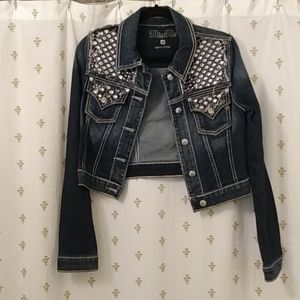 Y2K !!! EUC Jean Jacket with Sequins Embroidery Chunky Stitching